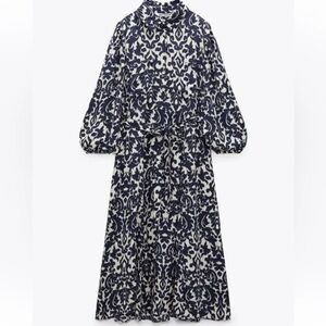 Zara Emilie Printed Midi Dress with belt, Medium